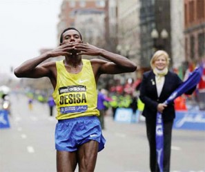 Lelisa Desisa of Ethiopia reacts after winning the men’s division of the 119th Boston Marathon in Boston, Massachusetts  yesterday. (Reuters photo) 