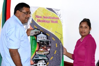 Region Six Chairman, David Armogan and the National Trust, Chief Executive Officer (CEO)  Nirvana Persaud during the launch of the New Amsterdam Heritage Trail (GINA photo) 