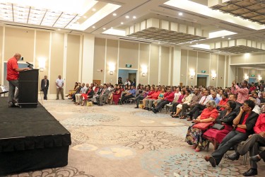 President Donald Ramotar addressing the gathering in the ballroom at the Marriott Hotel yesterday.