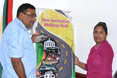 Region Six Chairman, David Armogan and the National Trust, Chief Executive Officer (CEO)  Nirvana Persaud during the launch of the New Amsterdam Heritage Trail (GINA photo)