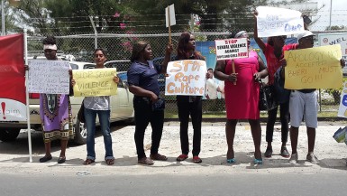 Lina f 2: Sherlina Nageer (second from left) at the protest yesterday outside the Ministry of Health over remarks made against her on Monday by Minister of Health Dr Bheri Ramsaran.