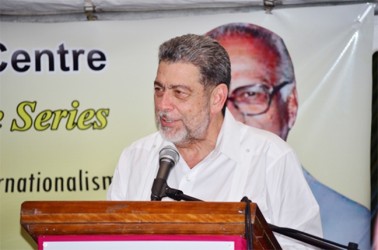 St. Vincent and the Grenadines Prime Minister, Dr. Ralph Gonsalves delivering his lecture on Dr. Cheddi Jagan (GINA photo)