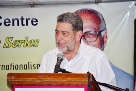 St. Vincent and the Grenadines Prime Minister, Dr. Ralph Gonsalves delivering his lecture on Dr. Cheddi Jagan (GINA photo)