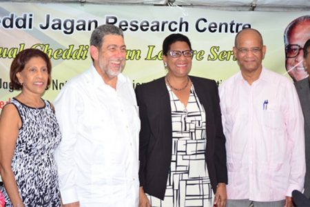 From left are First Lady Deolachmee Ramotar, St. Vincent and the Grenadines’ Prime Minister, Dr. Ralph Gonsalves and People’s Progressive Party Civic’s (PPP/C) Prime Ministerial Candidate Elisabeth Harper along with the Party’s General Secretary Clement Rohee. (GINA photo)