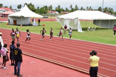 Female athletes in an exhibition 100-metre race on the  National Track at Leonora, West Coast Demerara (GINA photo)