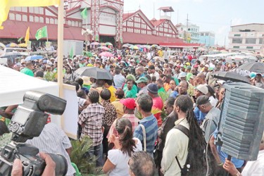 The gathering at Stabroek Square yesterday for the launching of the APNU+AFC manifesto .