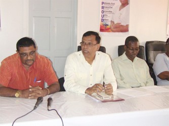 (From L to R) Region 6 Chairman David Armogan, CEO of the BRHA Dr. Vishwa Mahadeo and CEO of the N/A Hospital Allan Johnson during the press conference  