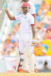 Jerome Blackwood celebrates his 50 on day two of the third and final Test West Indies v England at Kensington Oval, Bridgetown, Barbados yesterday.Photo by WICB Media/Randy Brooks of Brooks Latouche Photography 