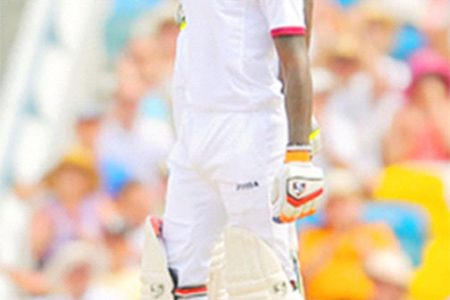 Jerome Blackwood celebrates his 50 on day two of the third and final Test West Indies v England at Kensington Oval, Bridgetown, Barbados yesterday.Photo by WICB Media/Randy Brooks of Brooks Latouche Photography