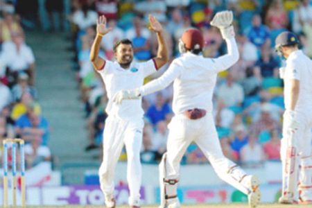 Veerasammy Permaul celebrates with Denesh Ramdin after he dismissed Moeen Ali on day two of the third and final Test West Indies v England at Kensington Oval, Bridgetown, Barbados  yesterday. Photo by WICB Media/Randy Brooks of Brooks Latouche Photography