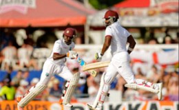 Jermaine Blackwood and Darren Bravo during their 108-run fifth-wicket partnership on day three of the third and final Test West Indies  against England at Kensington Oval, Bridgetown, Barbados yesterday. Photo by WICB Media/Randy Brooks of Brooks Latouche Photography
