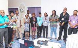 The 12 young entrepreneurs who have advanced in the Caribbean Call to Action Entrepreneurship Challenge. From left: Willan Mark of Grenada, Shamoy Hajare of Jamaica, Nikele Davis of Barbados,  Magaran Joseph of St. Lucia, Janice McLeod of Jamaica, Joshua Forte of Barbados, Jenell Pierre of Guyana, Devin Odlum of Antigua & Barbuda, Josanne Arnold and Korice Nancis, both of Trinidad and Tobago, Vincent Polak of Suriname, and Vijay Dialsingh of Trinidad and Tobago.