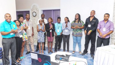 The 12 young entrepreneurs who have advanced in the Caribbean Call to Action Entrepreneurship Challenge. From left: Willan Mark of Grenada, Shamoy Hajare of Jamaica, Nikele Davis of Barbados,  Magaran Joseph of St. Lucia, Janice McLeod of Jamaica, Joshua Forte of Barbados, Jenell Pierre of Guyana, Devin Odlum of Antigua & Barbuda, Josanne Arnold and Korice Nancis, both of Trinidad and Tobago, Vincent Polak of Suriname, and Vijay Dialsingh of Trinidad and Tobago. 