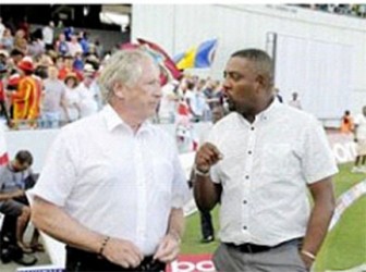 WICB President Dave Cameron chats with Rod Bransgrove, chairman of Hampshire County Cricket Club, following the third Test last Sunday. (Photo courtesy WICB Media) 