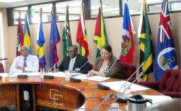 CARICOM Team: (Centre) Head of the mission Earl Simpson and (right) Deputy Head of the Mission Josephine Tamai at a press conference yesterday at the CARICOM Secretariat.