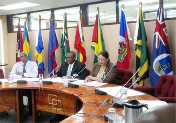 CARICOM Team: (Centre) Head of the mission Earl Simpson and (right) Deputy Head of the Mission Josephine Tamai at a press conference yesterday at the CARICOM Secretariat.  