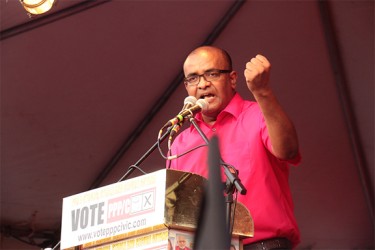 Former president Bharrat Jagdeo speaking at the PPP/C’s Lusignan rally yesterday 