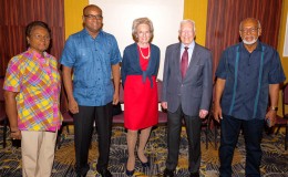 Before leaving Guyana yesterday, former US President Jimmy Carter (second from right)  met with President Donald Ramotar (right). Also in photo from left are co-head of the Carter Center mission, Dame Billie Miller, former President Bharrat Jagdeo and co-head of the Carter Center mission Dame Audrey Glover. (Carter Center photo)