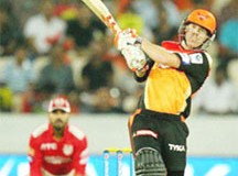 David Warner captain of the Sunrisers Hyderabad hits a delivery for six during yesterday’s match of the 2015 Indian Premier League between Sunrisers Hyderabad and Kings XI Punjab at the Rajiv Gandhi International Cricket Stadium in Hyderabad, India. (Photo IPL website)