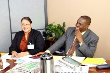 Chief of the CARICOM Election Observation Mission and Deputy Director of Elections, Electoral Office, Jamaica, Earl Simpson (right) and Deputy Chief of Mission, Chief Elections Officer, Elections and Boundaries Department, Belize, Josephine Tamai. (Caricom photo) 