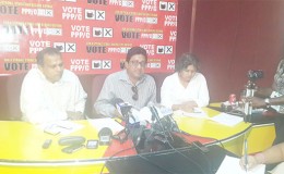 PPP defends recount bid  From left are Dr Frank Anthony, Anil Nandlall and Priya Manickchand at Freedom House yesterday.
