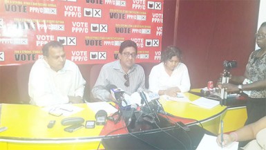 PPP defends recount bid  From left are Dr Frank Anthony, Anil Nandlall and Priya Manickchand at Freedom House yesterday. 