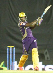 Kolkata Knight Riders player Andre Russell plays a shot during yesterday’s match against the Rajasthan Royals at the Brabourne Stadium in Mumbai, India. (Photo courtesy IPL website) 