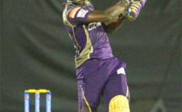 Kolkata Knight Riders player Andre Russell plays a shot during yesterday’s match against the Rajasthan Royals at the Brabourne Stadium in Mumbai, India. (Photo courtesy IPL website)
