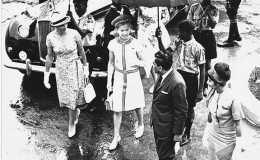 Visit to the Palms, Brickdam, Wednesday, May 25, 1966: The Duchess of Kent, accompanied by Lady Luyt and a lady-in-waiting, is given a tour of the Palms, Brickdam, escorted by Minister of Housing Mr Neville Bissember and Mrs Bissember. Of note are the smartly presented Boy Scouts, who received much praise during the celebrations, having been recruited to aid visitors and guests in disembarking from cars at the many events. (Photo supplied by Elfrieda Bissember)