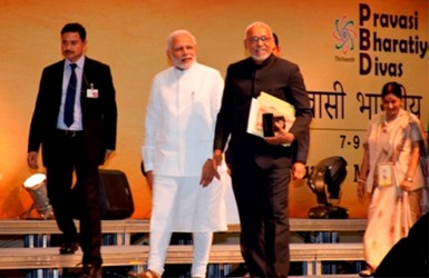 Chief Guest, then President Donald Ramotar (right in foreground) arriving at the inauguration of the 13th Pravasi Bharatiya Divas (PBD) in January at Gandhinagar, India alongside India’s Prime Minister Narendra Modi (GINA photo) 