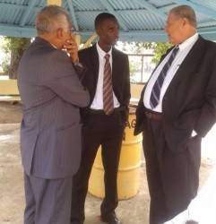  From left are attorney Christopher Ram and his attorney Trenton Lake with Senior Counsel Bernard De Santos, who is representing former president Bharrat Jagdeo. Ram has filed private criminal charges against the former president alleging that he made racially divisive remarks on March 8 at Babu John. 