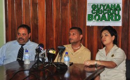 Guyana Cricket Board president Drubahadur, left, secretary Anand Sanasie and administrative executive Melinda Bishundyal address the media at yesterday’s press conference. (Orlando Charles photo)