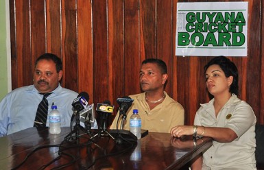 Guyana Cricket Board president Drubahadur, left, secretary Anand Sanasie and administrative executive Melinda Bishundyal address the media at yesterday’s press conference. (Orlando Charles photo)
