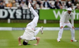 England’s Ben Stokes (watched closely by Stuart Broad)  is head over heels with delight after smashing  the fastest century at Lord’s and then helping to bowl England to a famous victory over New Zealand yesterday. Reuters / Philip Brown