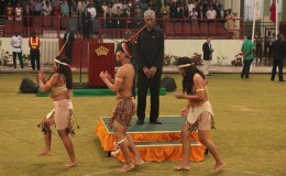 Indigenous dancers symbolically blessed President David Granger at yesterday’s inauguration at the Guyana National Stadium. 