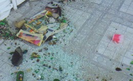 Debris left from the stones and bottles which were pelted at the Prasads’ home on May 11.