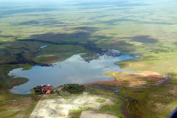 Man-made lake: An aerial view of a man-made lake in the Rupununi. (Photo by Arian Browne)