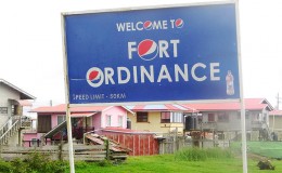 The misspelt village sign, which should read ‘Welcome to Fort Ordnance’