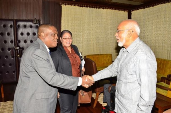 Two members of the CARICOM Elections Observer Mission paying a courtesy call on President Donald Ramotar (right)  (GINA photo)