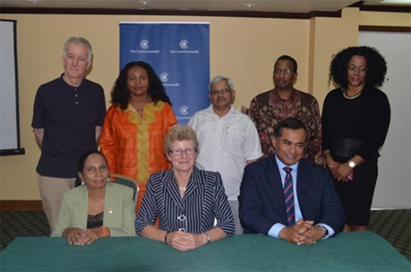 Chairperson of the Commonwealth Observer group and former Member of Parliament of New Zealand, Kate Wilkinson (seated at centre) along with a team of persons from several Commonwealth countries who are in Guyana to observe the May 11, general and regional elections (GINA photo)