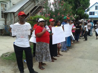 PPP protesters outside the Whim Magistrate's Court this morning where the private criminal charge brought against former president Bharrat Jagdeo by Attorney Christopher Ram is set to continue. 