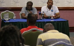 Convenor of Selectors Clive Lloyd and West Indies head coach Phil Simmonsduring a media conference on Sunday, May 24, 2015 at the Accra Beach Hotel.Photo by WICB Media/Philip Spooner
