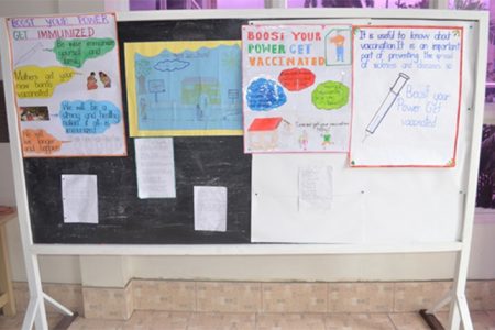 Some of the posters that were entered into the competition on display at the Ministry of Health’s National Symposium on Immunization (GINA photo)