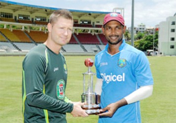 Australia skipper Michael Clarke and West Indies captain Denesh Ramdin will each want to be in sole possession of the Sir Frank Worrell Trophy following the conclusion of the two match test series which gets underway this morning in Dominica. Photo by WICB Media/Randy Brooks of Brooks Latouche Photography