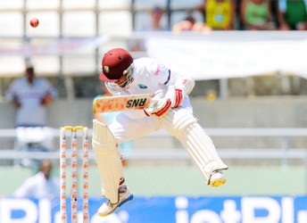 West Indies opening batsman Shai Hope was peppered with short pitched deliveries which forced him to take evasive action. He was, however, able to topscore for the West Indies making 36 of out of their first innings score of 148. Photo by WICB Media/Randy Brooks of Brooks Latouche Photography
