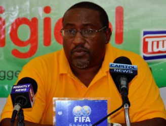 Golden Jaguars head coach Jamal Shabazz making a point to the gathering at the GFF press conference yesterday.   