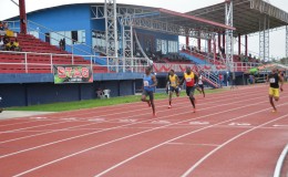 Rupert Perry (lane 5) winning the men’s 200m final yesterday at the National Track and Field Centre to complete the sprint double at the Athletic Association of Guyana’s National Senior Championships. Perry posted a season-best 21.1 seconds to take the event ahead of Davin Fraser (21.4s) and youth athlete, Compton Caesar in 21.7 seconds.