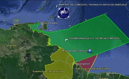 A map created by Venezuela’s National Organisation for Maritime Safety purporting to show the increased Venezuelan territory following the issuing of a decree by Venezuela’s President Nicolas Maduro claiming sovereignty over Guyana’s territorial waters in the Atlantic Ocean.