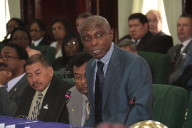 Foreign Minister Carl Greenidge making his statement on the maritime decree 