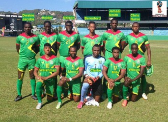 The Golden jaguars starting 11 prior to the start of yesterday’s World Cup qualifier against St Vincent and the Grenadines which ended in a 2-2 draw at the Arnos Vale Sports Complex yesterday.